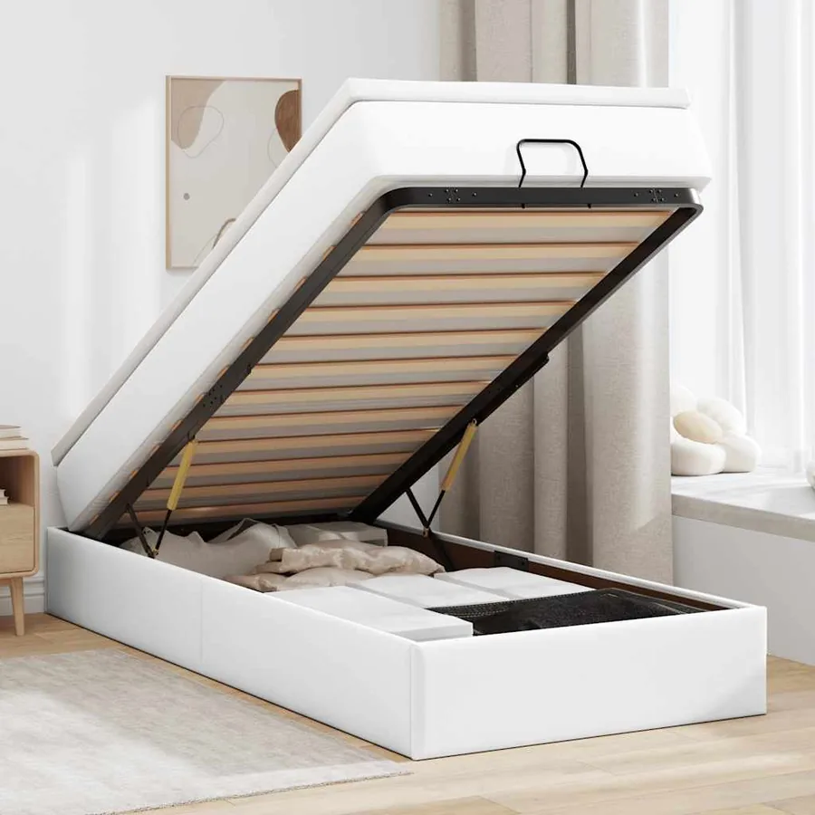 Cadre de lit ottoman avec matelas blanc 90x190 cm similicuir