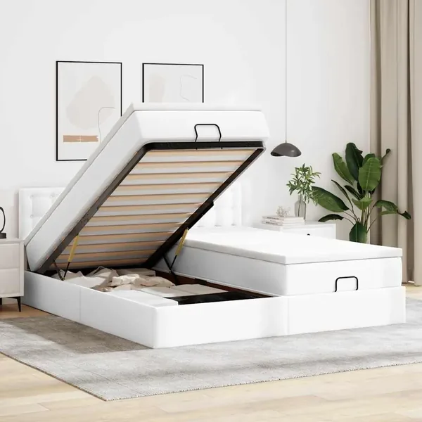 Cadre de lit ottoman avec matelas blanc 200x200 cm similicuir