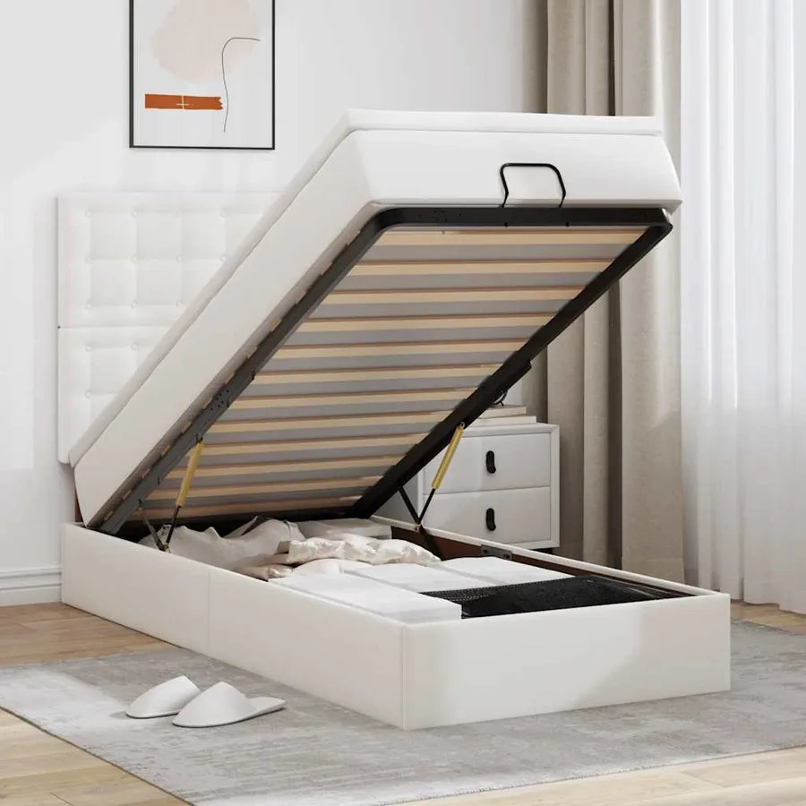 Lit ottoman avec matelas blanc 90x200 cm similicuir