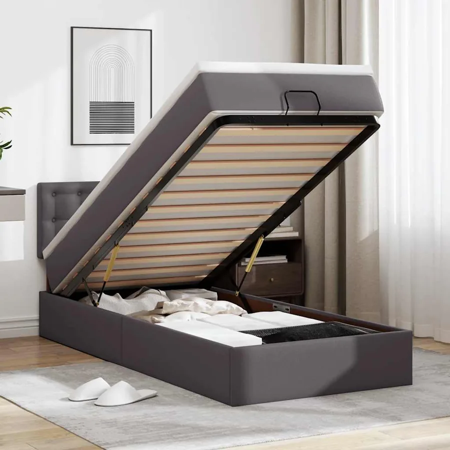 Cadre de lit ottoman avec matelas gris 90x200 cm similicuir