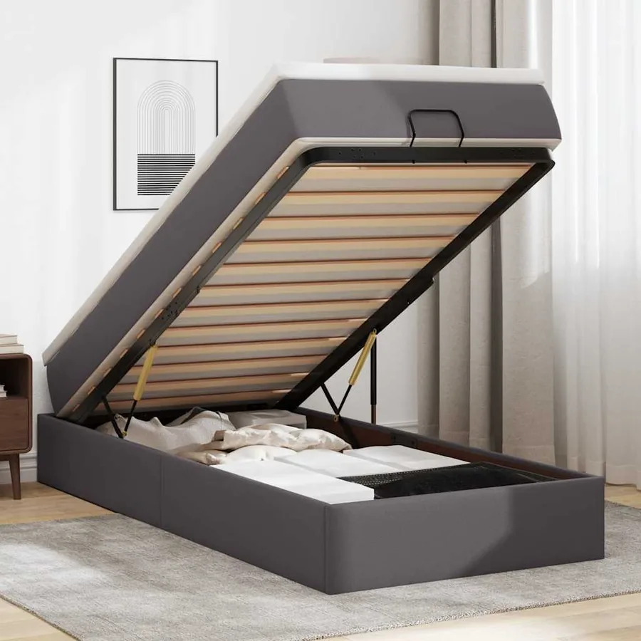 Cadre de lit ottoman avec matelas gris 90x200 cm similicuir