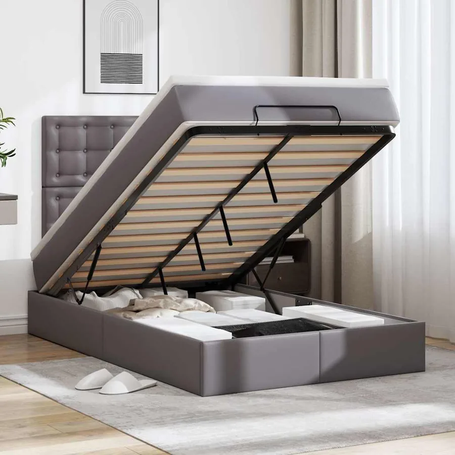 Cadre de lit ottoman avec matelas gris 120x190 cm similicuir
