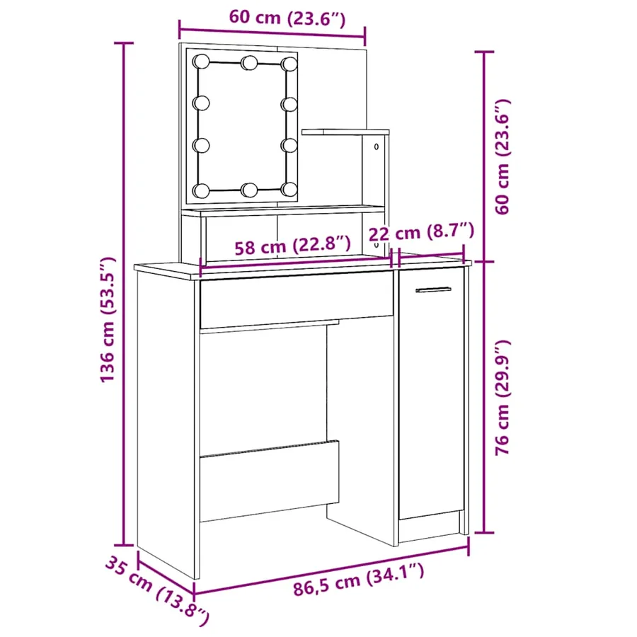 Coiffeuse avec LED vieux bois 86,5x35x136 cm - 18
