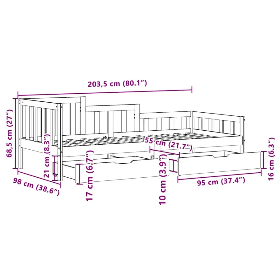 Lit de jour avec tiroirs sans matelas 90x200 cm bois massif - 12