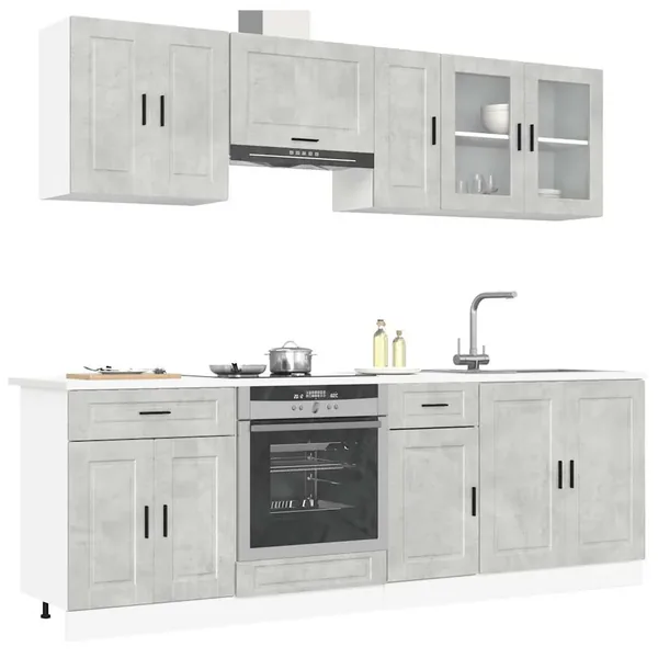 Ensemble de 8 meubles de cuisine "Porto" en bois d'ingénierie gris béton