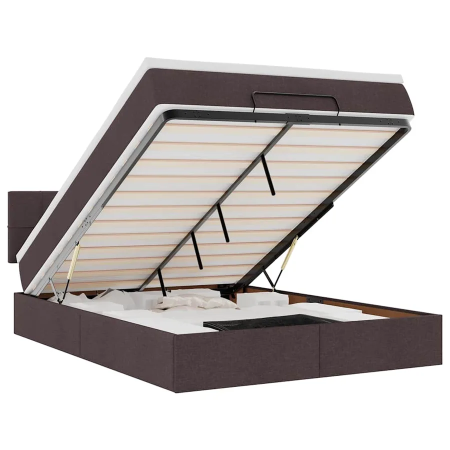 Lit ottoman avec matelas et LED marron foncé 140x190 cm tissu - 2