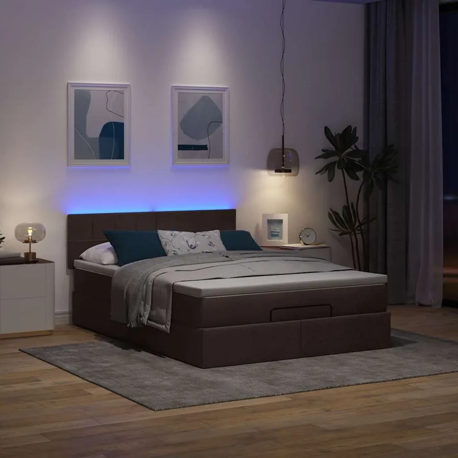 Lit ottoman avec matelas et LED marron foncé 140x190 cm tissu - 3