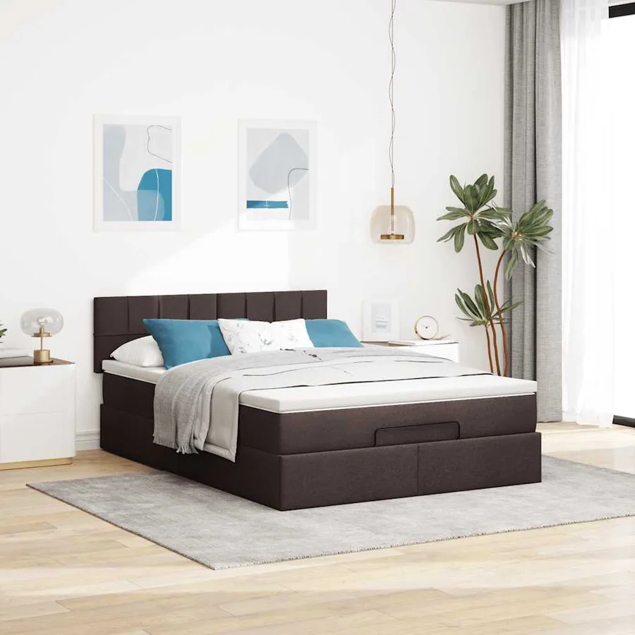 Lit ottoman avec matelas et LED marron foncé 140x190 cm tissu - 4