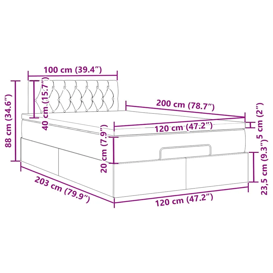 Lit ottoman avec matelas noir 120x200 cm tissu - 18