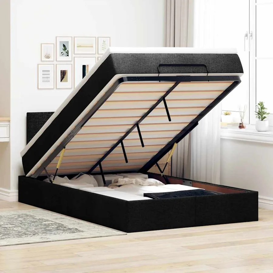 Lit ottoman avec matelas noir 120x200 cm tissu