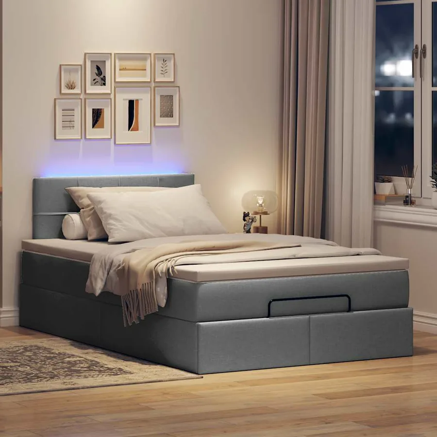 Lit ottoman avec matelas et LED gris foncé 120x200 cm tissu - 3
