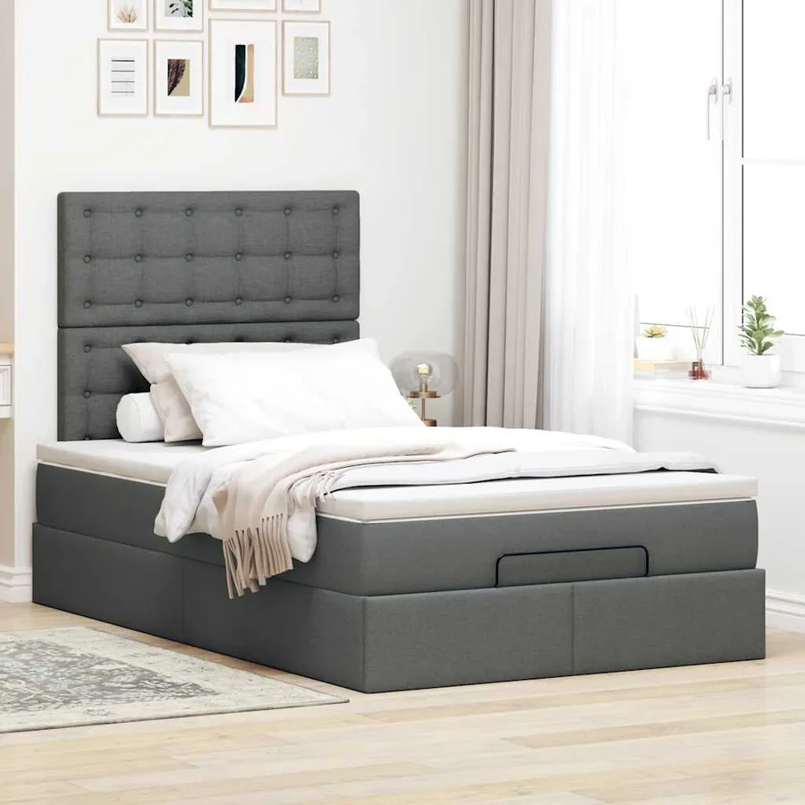 Cadre de lit ottoman avec matelas gris foncé 120x200cm tissu - 4