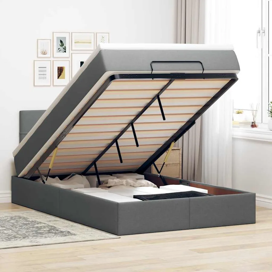 Lit ottoman avec matelas gris foncé 120x200 cm tissu