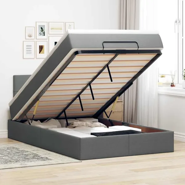Lit ottoman avec matelas gris foncé 120x200 cm tissu
