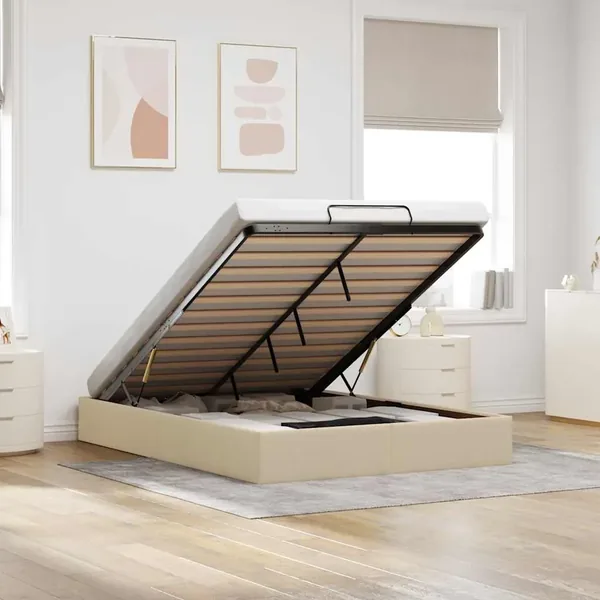 Cadre de lit ottoman sans matelas crème 140x190 cm tissu