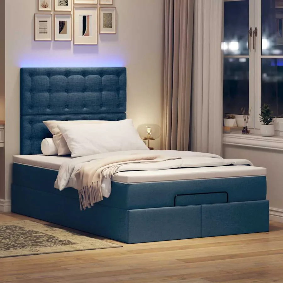 Cadre de lit ottoman avec matelas bleu 120x200 cm tissu - 3