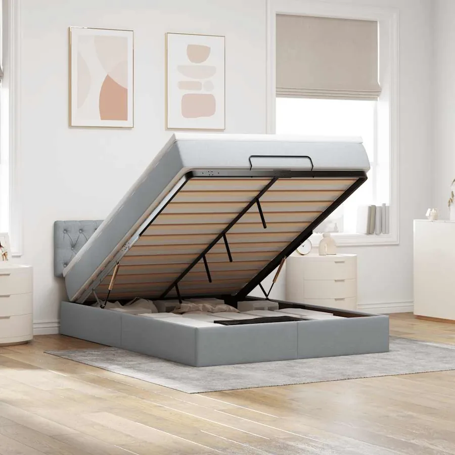 Lit ottoman avec matelas et LED gris clair 140x190 cm tissu