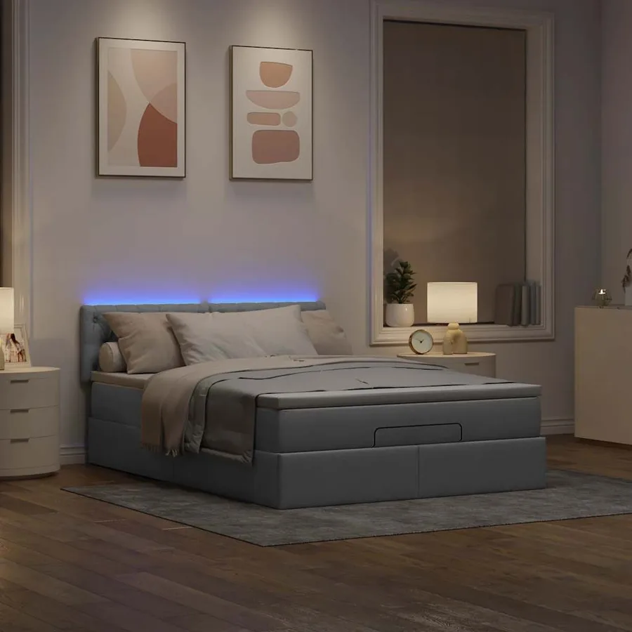 Lit ottoman avec matelas et LED gris clair 140x190 cm tissu - 3