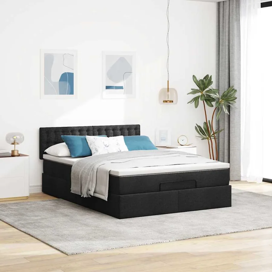 Lit ottoman avec matelas noir 140x190 cm tissu - 3