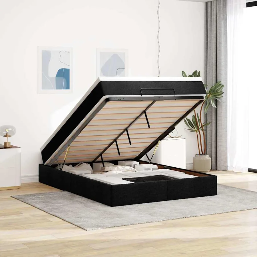 Cadre de lit ottoman avec matelas noir 140x190 cm tissu