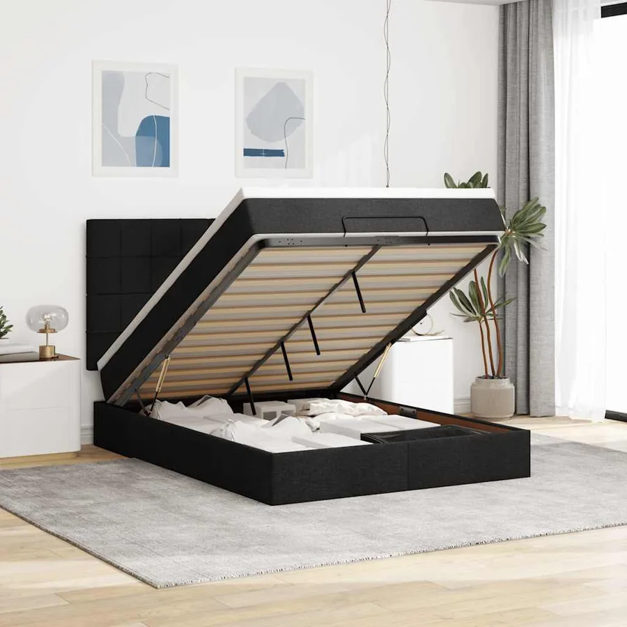 Cadre de lit ottoman avec matelas noir 140x190 cm tissu