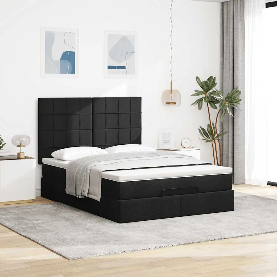 Cadre de lit ottoman avec matelas noir 140x190 cm tissu - 4
