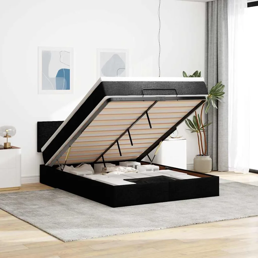 Lit ottoman avec matelas noir 140x190 cm tissu