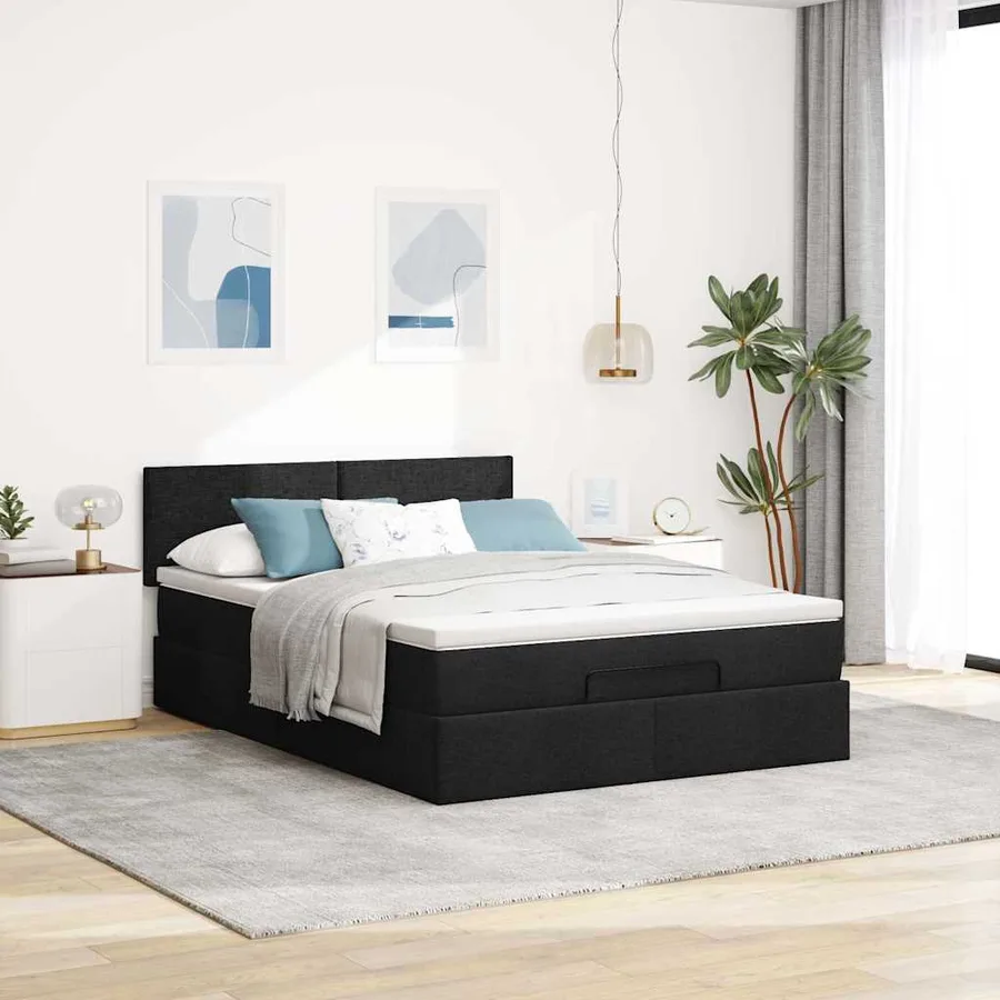 Lit ottoman avec matelas noir 140x190 cm tissu - 3