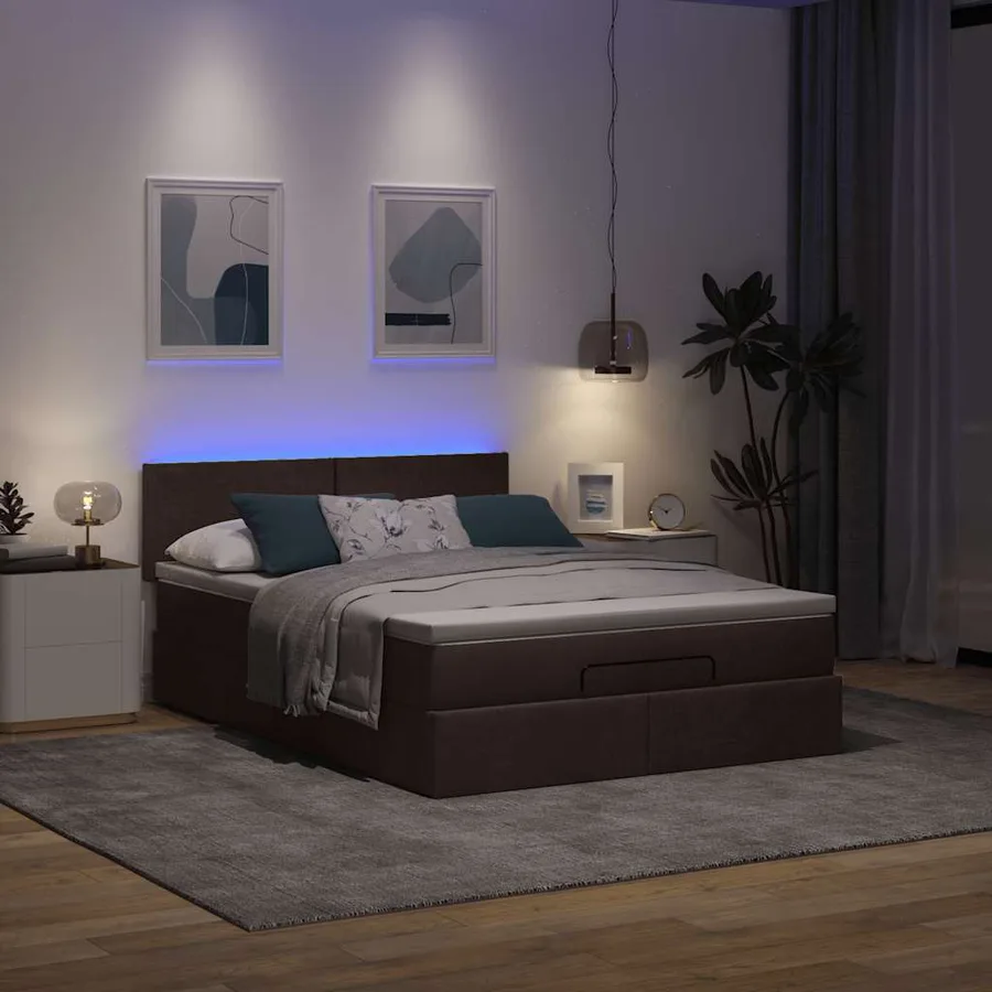 Lit ottoman avec matelas et LED marron foncé 140x190 cm tissu - 3