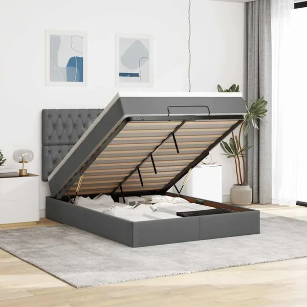 Cadre de lit ottoman avec matelas gris foncé 140x190 cm tissu