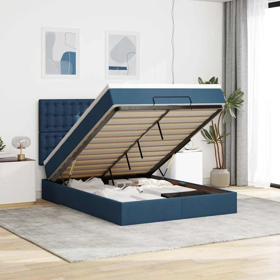 Cadre de lit ottoman avec matelas bleu 140x190 cm tissu