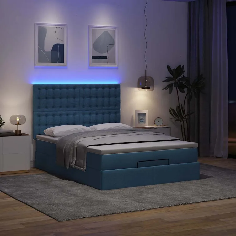 Cadre de lit ottoman avec matelas bleu 140x190 cm tissu - 3