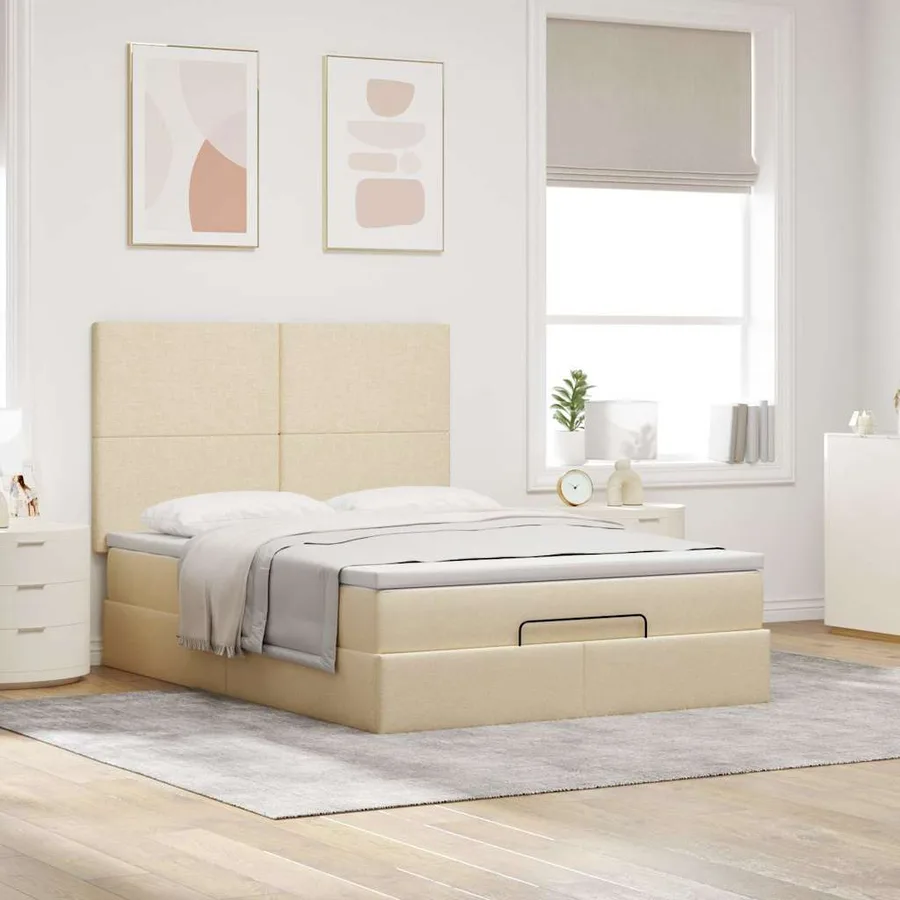Cadre de lit ottoman avec matelas crème 140x190 cm tissu - 4
