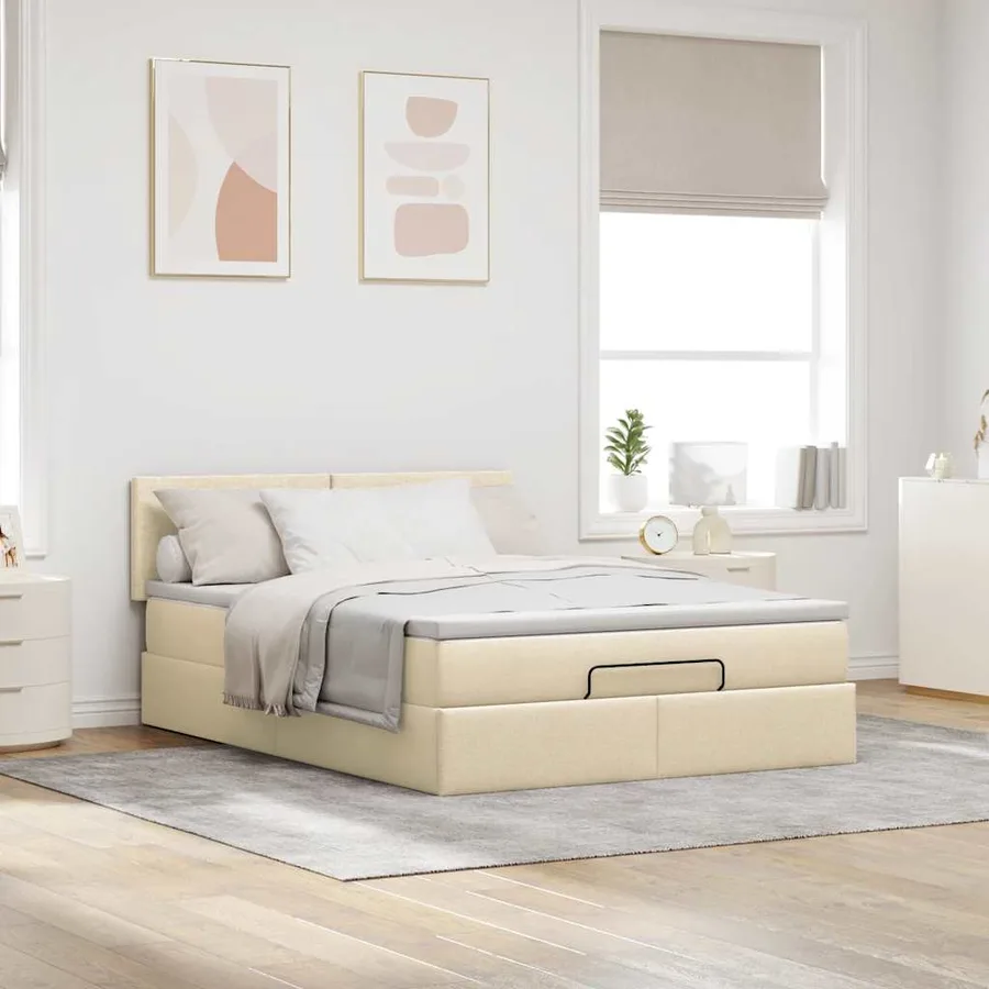 Lit ottoman avec matelas et LED crème 140x190 cm tissu - 4
