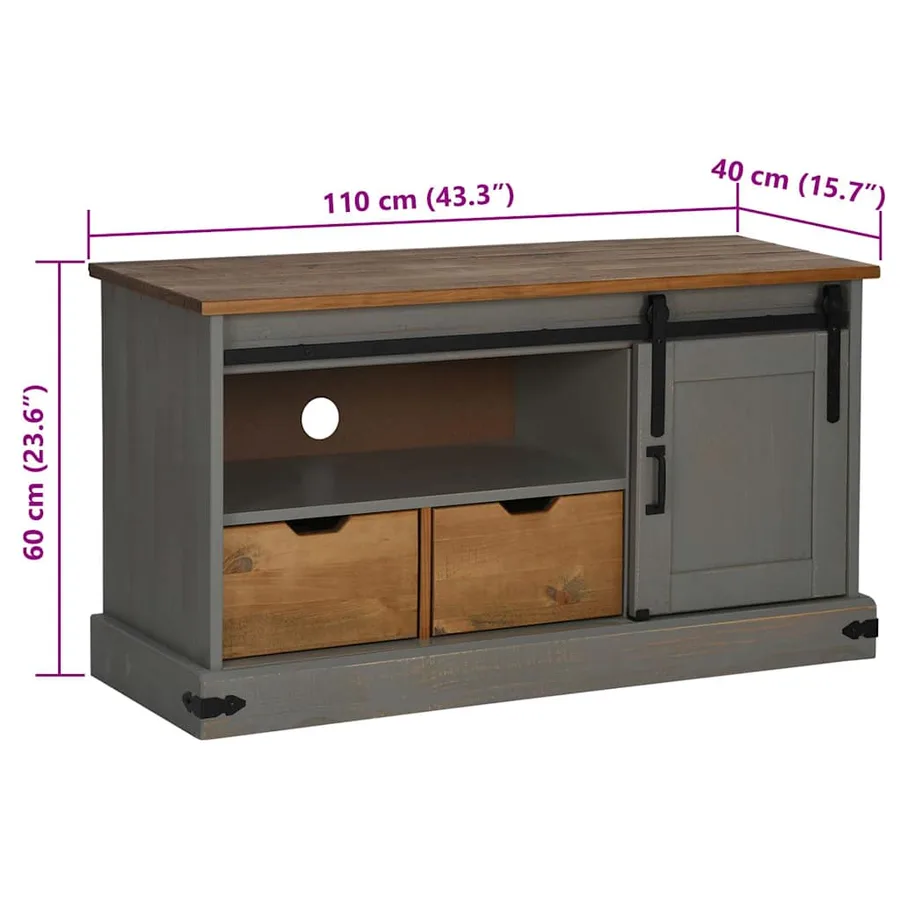 Meuble TV HALDEN porte coulissante gris 110x40x60cm bois massif - 10