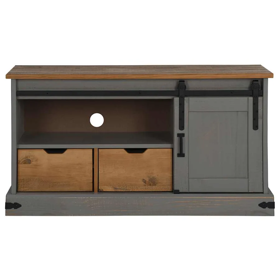 Meuble TV HALDEN porte coulissante gris 110x40x60cm bois massif - 3