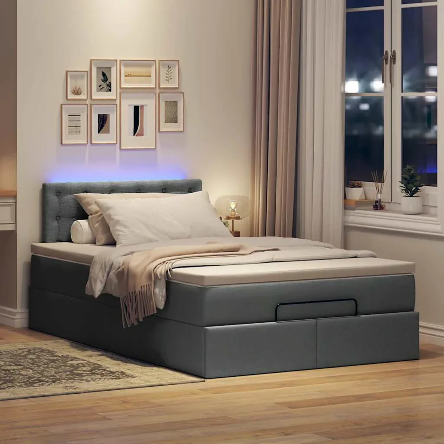 Lit ottoman avec matelas et LED gris foncé 120x190 cm tissu - 3