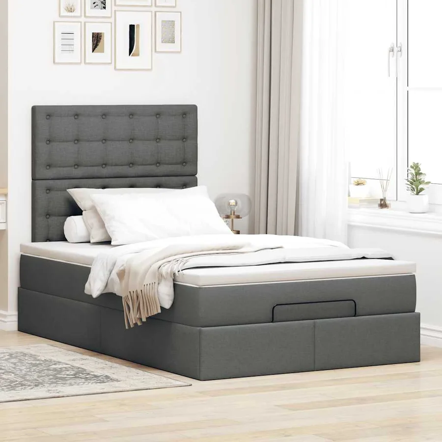 Cadre de lit ottoman avec matelas gris foncé 120x190 cm tissu - 4