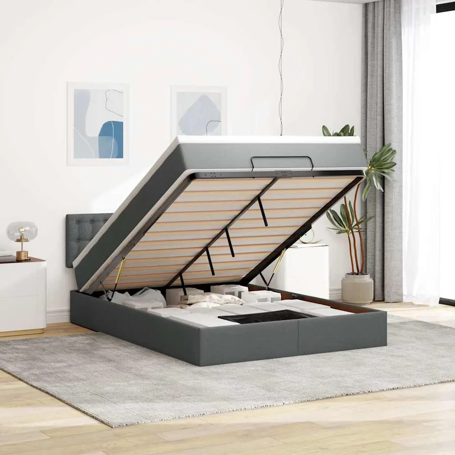 Lit ottoman avec matelas et LED gris foncé 140x200 cm tissu