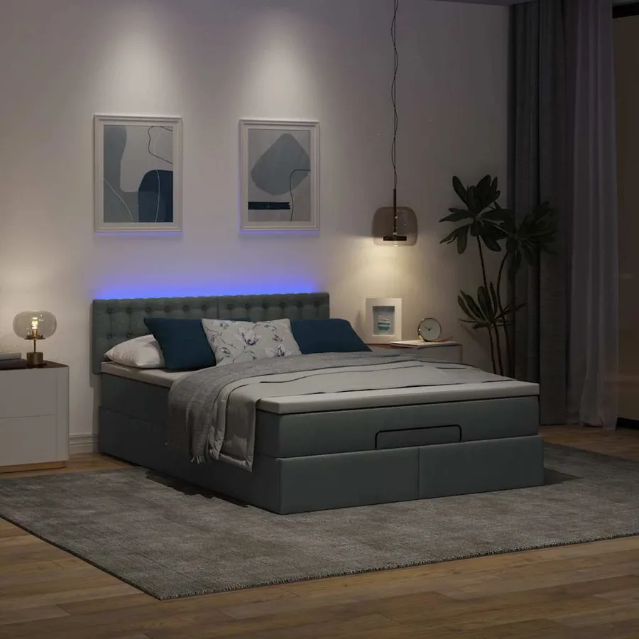 Lit ottoman avec matelas et LED gris foncé 140x200 cm tissu - 3