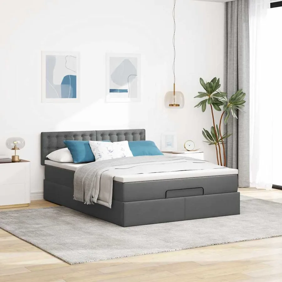 Lit ottoman avec matelas et LED gris foncé 140x200 cm tissu - 4