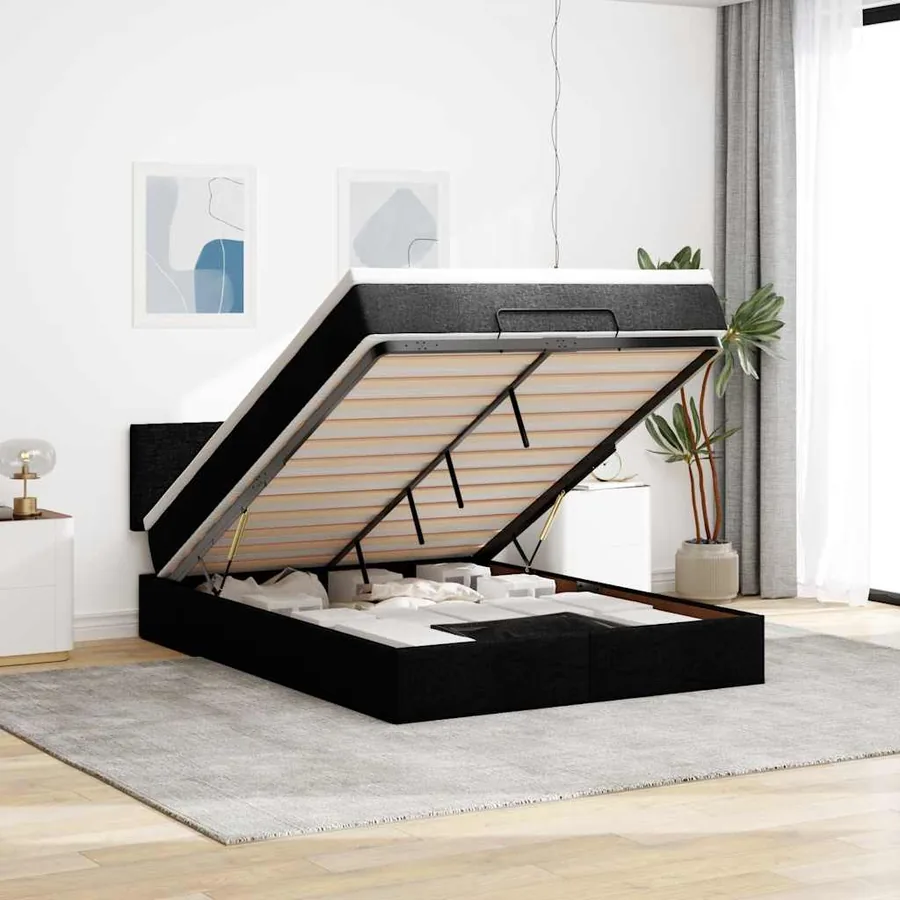 Lit ottoman avec matelas noir 140x200 cm tissu