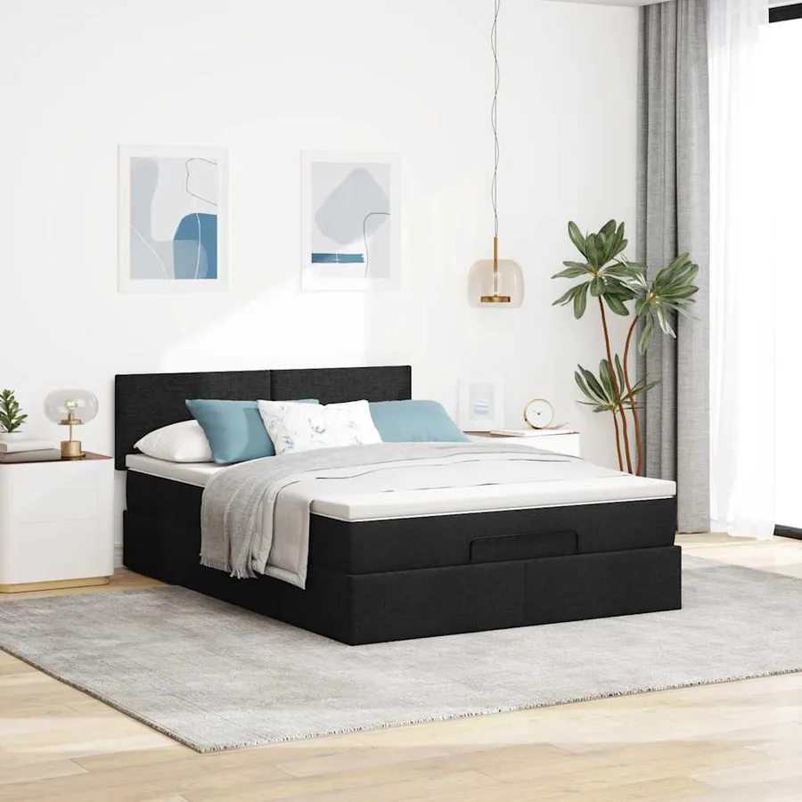 Lit ottoman avec matelas noir 140x200 cm tissu - 3