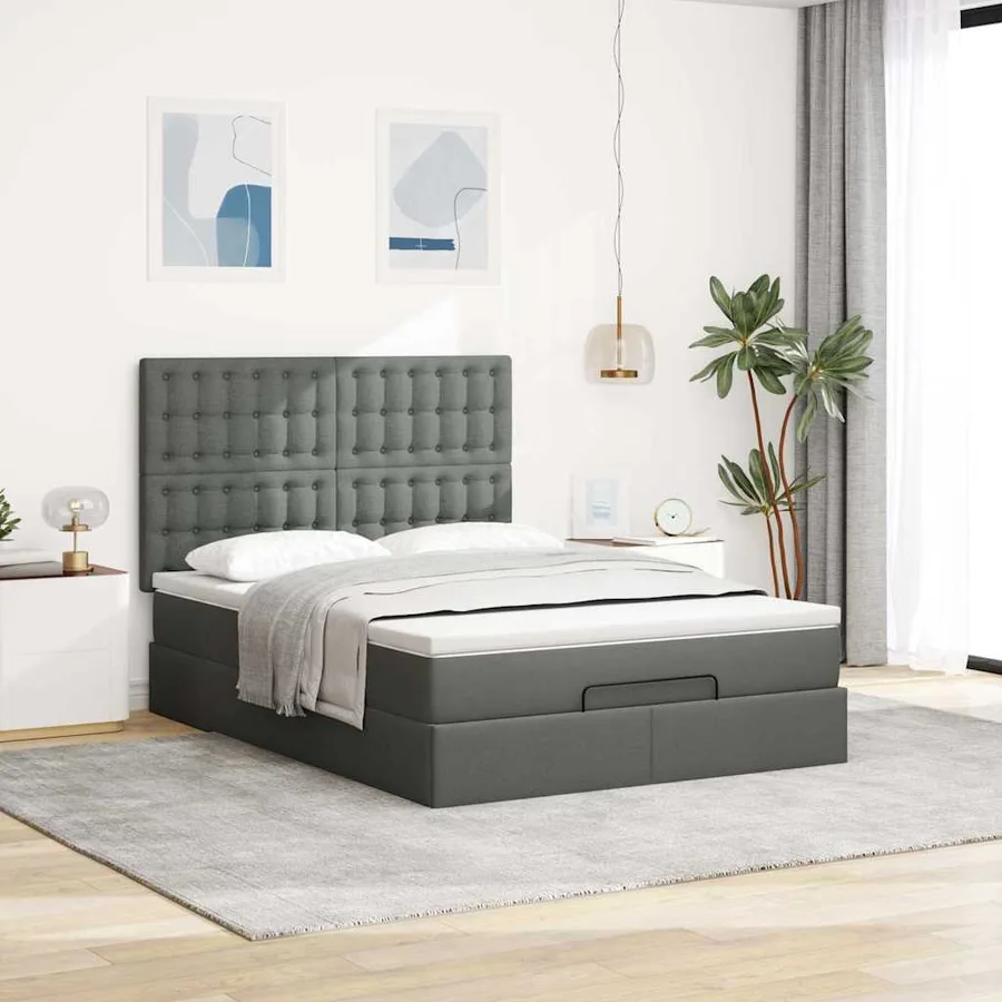 Cadre de lit ottoman avec matelas gris foncé 140x200 cm tissu - 4