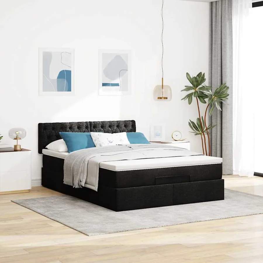 Lit ottoman avec matelas noir 140x200 cm tissu - 3