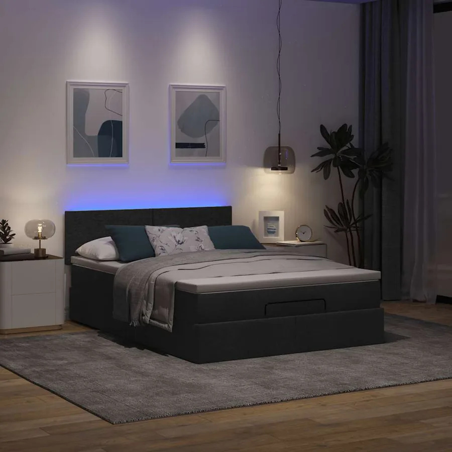 Lit ottoman avec matelas et LED noir 140x200 cm tissu - 3