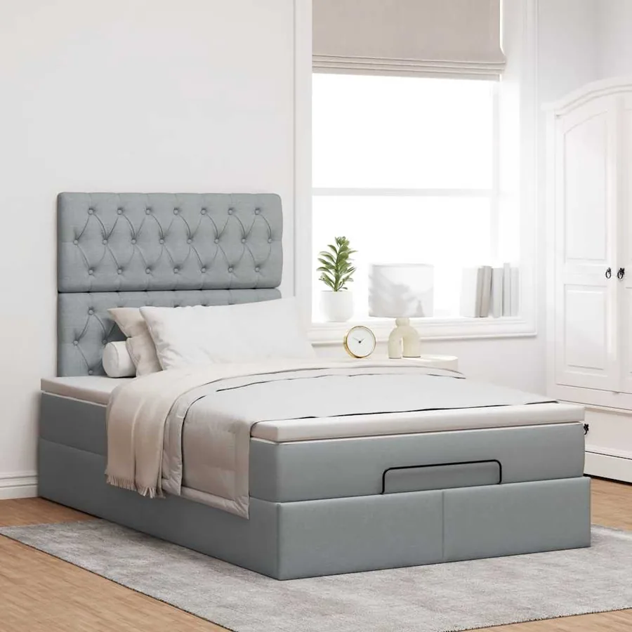 Cadre de lit ottoman avec matelas gris clair 120x190 cm tissu - 3