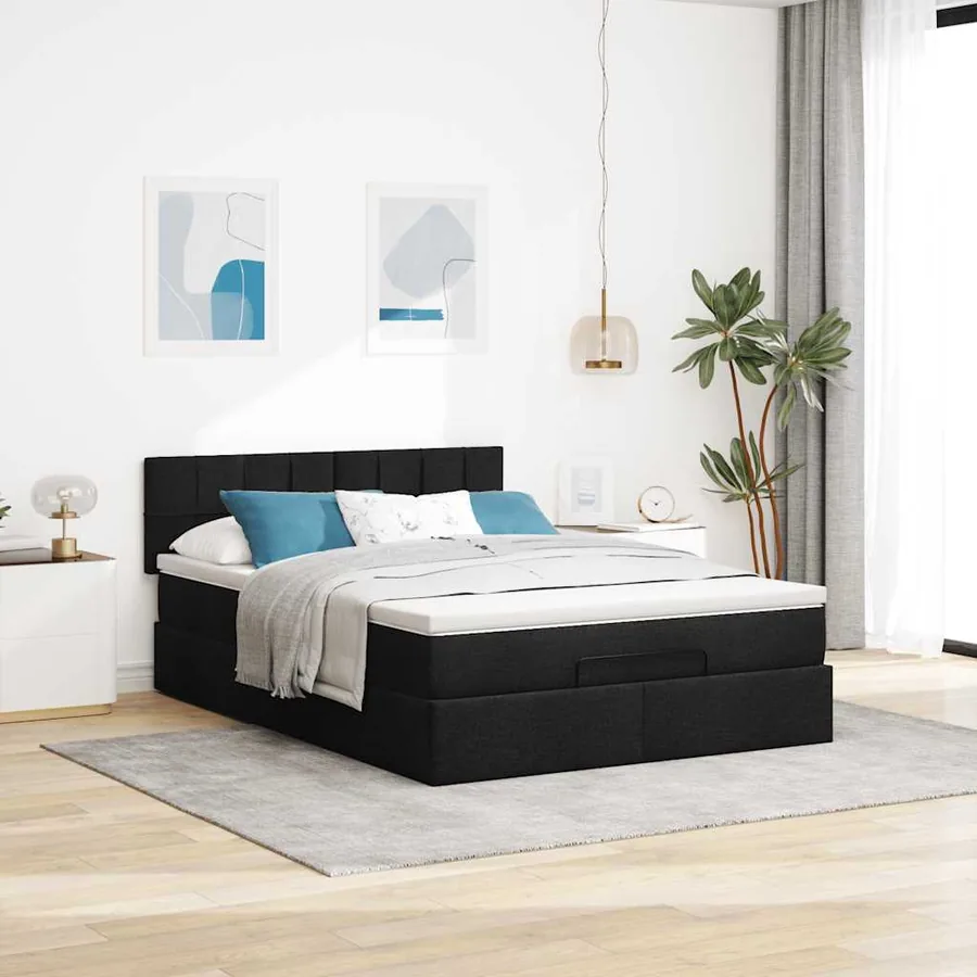 Lit ottoman avec matelas noir 140x200 cm tissu - 3