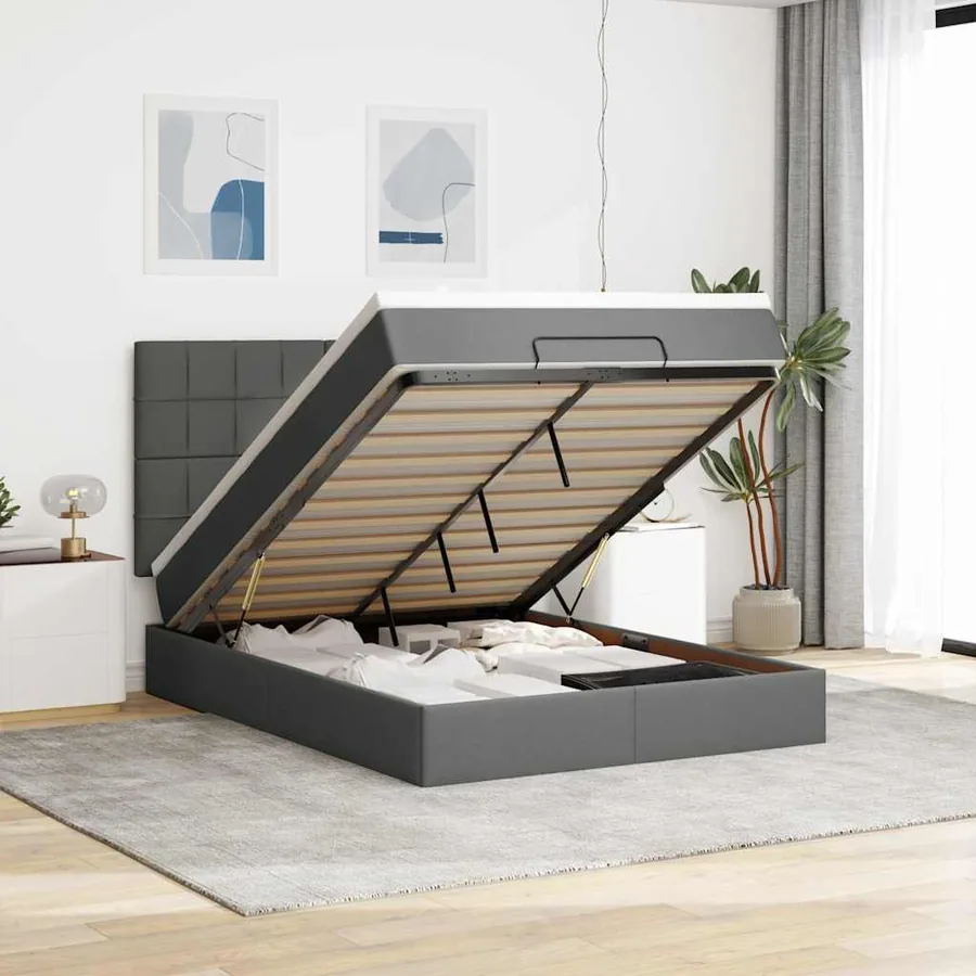 Cadre de lit ottoman avec matelas gris foncé 140x200 cm tissu