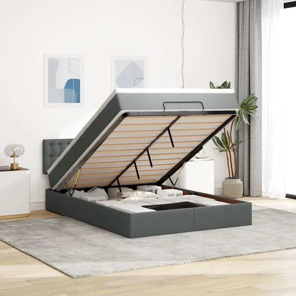Lit ottoman avec matelas gris foncé 140x200 cm tissu